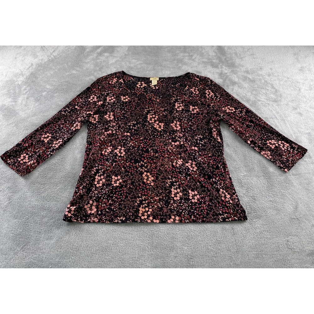 J Jill Womens XL Pink Burgundy Black Floral Dot 3/4 Sleeve Scoop Neck Top